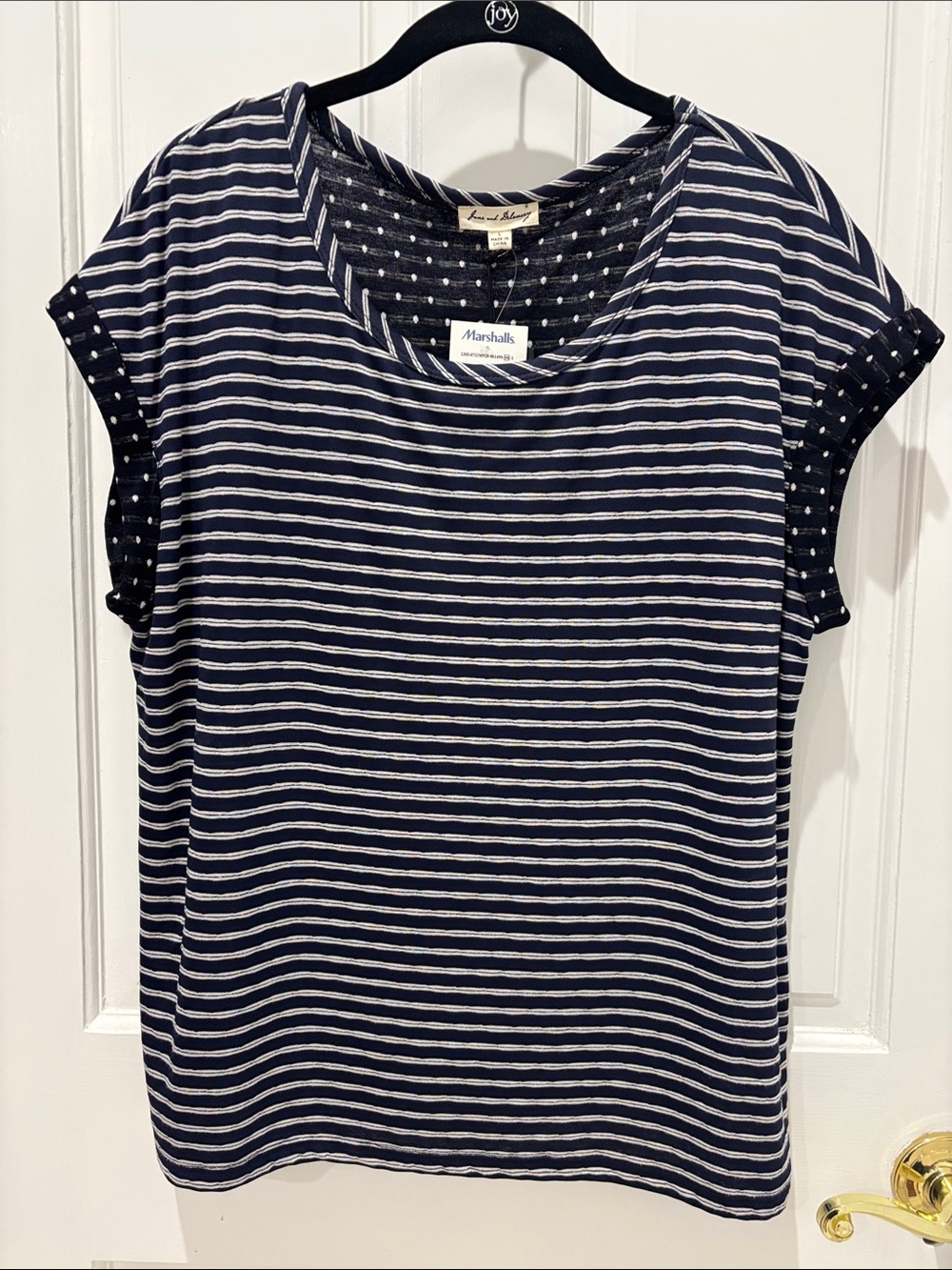 Jane and Delancey Navy and White Striped Short Sleeve Tee with Dot-Trim Accents